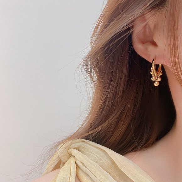 NEW 14K Gold Plated Bead Drop Huggie Hoop Earrings - Picture 7 of 8